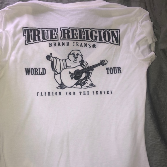 White with black logo v-neck True Religion shirt - Picture 3 of 3